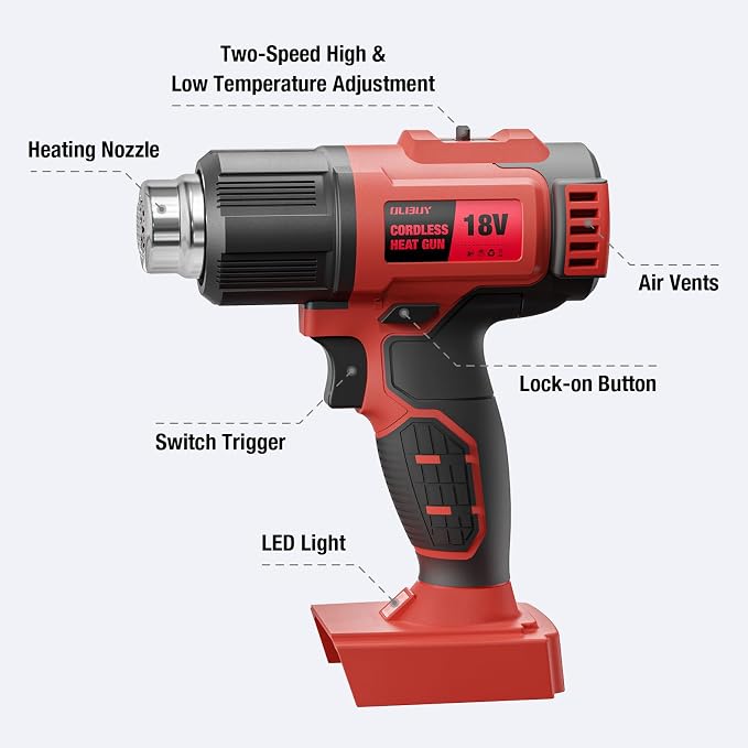 Cordless Heat Gun for Milwaukee M18 Battery, 7Pcs Nozzles&Scraper, LED Light, 350W Fast Heating Soldering Hot Air Gun, 2-Temp Setting Max 990℉(532℃), Heat gun for Shrink Tubing, Crafts (Tool Only)