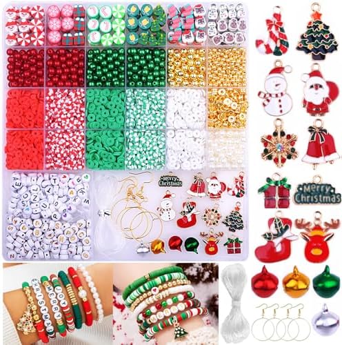 BBita 3680pcs Christmas Polymer Clay Beads Charms for Bracelets Making Kit Christmas Tree Snowman Santa Claus Snowflakes Bells Socks elk Friendship DIY Arts Crafts Gifts for Kids Girls