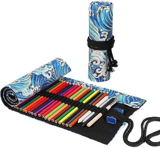 DIYOMR 24/36/72 Slots Pencil Wrap Pencil Rolls, Artist Colored Pencils Roll Up Bag Short Brushes Pouch Case Pencils Organizer for Drawing Coloring and Sketching, NO PENCILS (Blue Ocean, 72slots)
