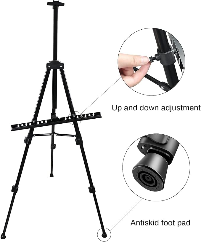 RRFTOK 21-66 Inch Adjustable Art Easel Stand for Painting and Sign, Black | Metal tripod easel with reinforced triangle for poster tripod, sign stand, floor and whiteboard display