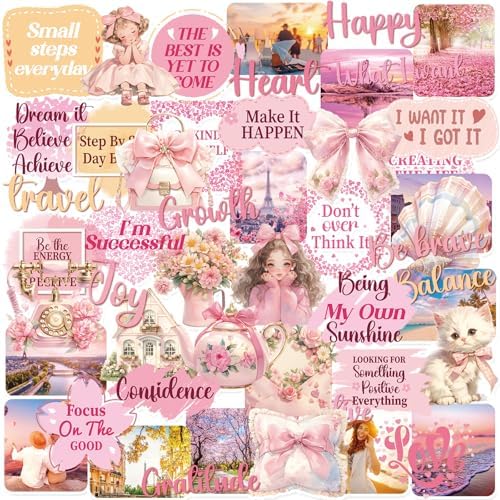 50 Pcs Vision Board Stickers for Women, Positive Affirmation Stickers for Vision Board Supplies Kit, Inspirational Quote Journey Decal Sticker for Adults Teens Planner Accessories (Pink)