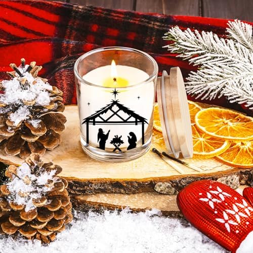 Ziliny 10 Pcs Christmas Glass Candle Jars Empty Containers Bulk 7 oz Glass Jars with Cork Lids Tins for Candle Making Storing Biscuits Tea Party Favors(Nativity)
