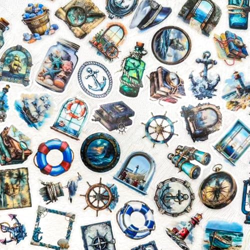 50 PCS Vintage Nautical Clear Scrapbook Stickers – Retro Ocean Sailing Decals with Anchors, Ships, Lighthouses, Helm Wheels, Maps & Marine for Journaling, Crafting, Scrapbooks, Planners & DIY Decor