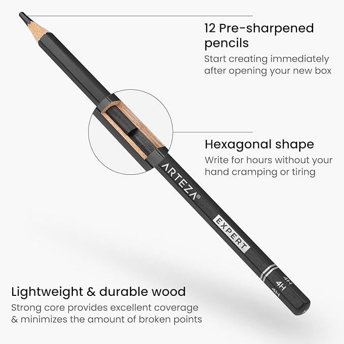 ARTEZA Drawing Sketch Pencils Set of 12, Graphite Pencils 6B to 4H, Pre-Sharpened Art Pencils in Metal Tin for Sketching, Shading, Drawing, Blending, and Detail Work | Pre-Sharpened Wooden Barrels, Metal Tin Included, For Shading, Blending, Outlining, ...