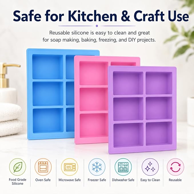3 Pack Rectangle Silicone Soap Molds, 18 Cavities Total, 6 Cavity Soap Making Mold for Melt and Pour Soap, Homemade Soap Bars, Pudding, Jelly, Brownies, Chocolate, Easy Release Silicone Baking Mold