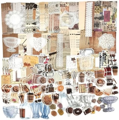 Esweny 260PCS Vintage Journaling Scrapbooking Supplies Scrapbook Sticker Paper Ephemera Pack for Junk Journal Planners Collage Craft Notebooks Album (Coffee and Bread)