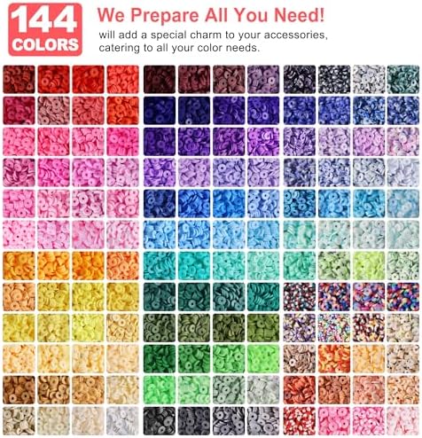 Redtwo 23000 Pcs 144 Colors Clay Beads Bracelet Making Kit | 7 Boxes Flat Polymer Heishi Bead Set with Charms for Friendship Bracelets and Jewelry Making, Gift for Girls Ages 6–12