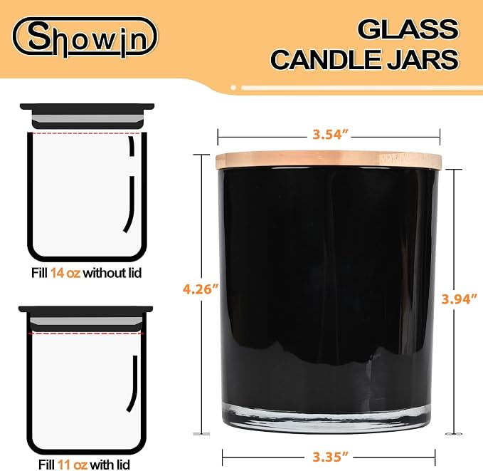 SHOWIN Thick Candle Jars for Making Candles 12 Pcs, 14 OZ Empty Jars with Wood Lids for Candle Making, Sample Container, Inner Black