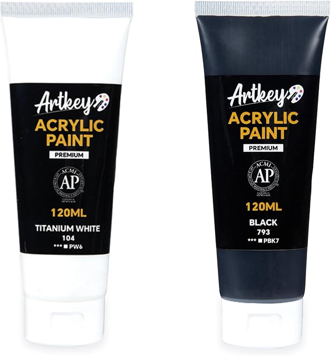 Artkey Acrylic Paint - White and Black (120 ml/4.06 oz) Tubes, Rich & Vibrant Pigments, Professional Artists Acrylic Paints - Art Supplies for Canvas Wood Rock Clay Fabric Ceramics Art Crafts Painting