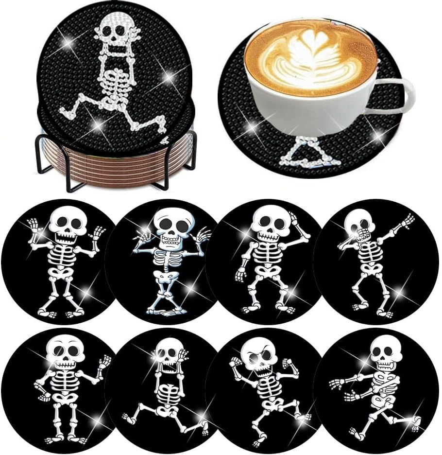 ijbnhd 8 PCS Skull Diamond Art Coasters 4X4inch (Cork Wooden Pad)