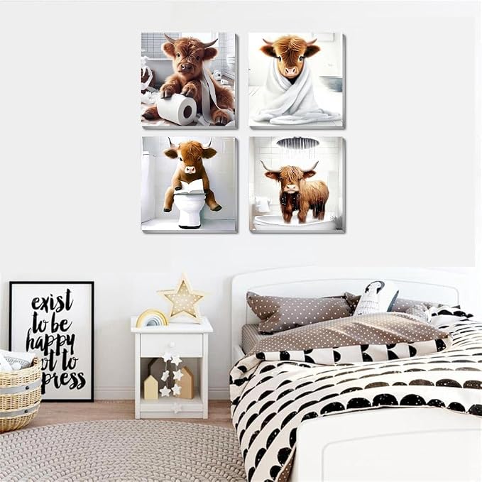 Canrichshop 4 Framed Highland Cow DIY Paint by Numbers Kit for Adults Beginner,Naughty Cow Easy Paint by Number on Canvas with Frame,Acrylic Painting Kit Adult for Decor 8x8inch