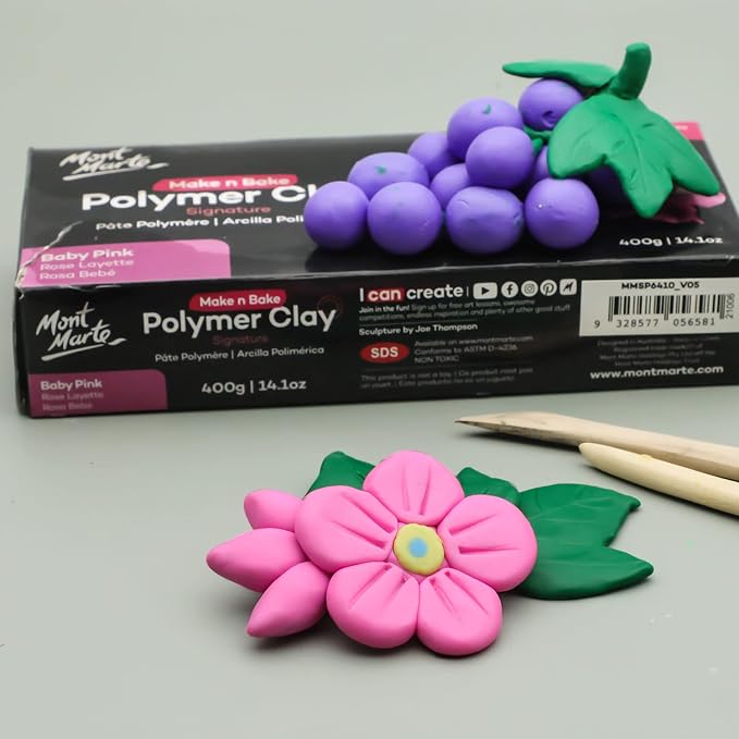 Mont Marte Make n Bake Polymer Clay Signature Baby Pink 400g (14.1oz) Block, Bake in Oven, Soft and Smooth, Sculpting, Craft, DIY Décor, Jewelry