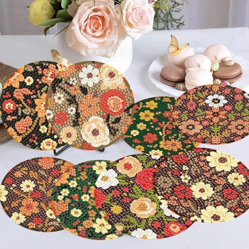 Meothan 8 Pcs Floral Diamond Art Coasters Kit for Adults with Holder 4x4in
