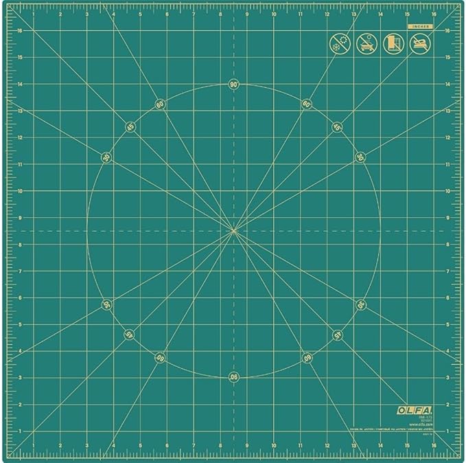 OLFA 17x17" 360-Degree Rotating Cutting Mat (RM-17S) - Self-Healing, Green | Two-piece rotating, 360-degree spin, self-healing surface - Trimming blocks and quilting shapes - Quilters and Crafters