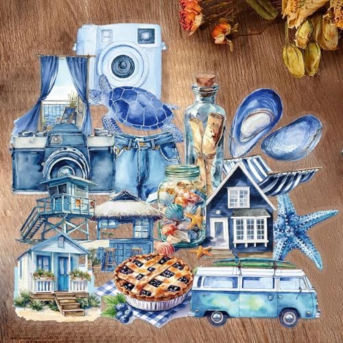 50PCS Transparent Blue Beach Stickers Aesthetic PET Stickers Blue Ocean Decal Waterproof Decorative Decals for Scrapbook DIY Crafts Album Bullet Journal Planner Water Bottles Laptop Phone (Blue-A)