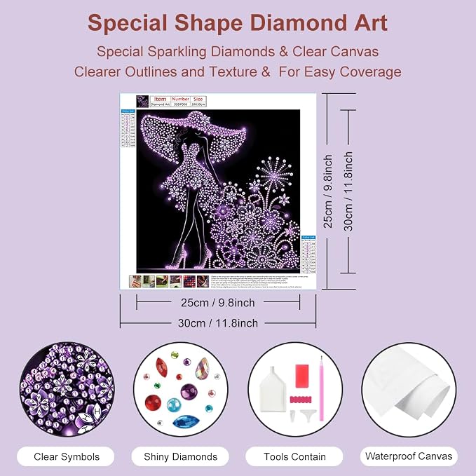 SJUTOUCI Elegant Women Diamond Art Kit for Adults, Diamond Painting Kit | Lady in Purple, Special Shape Gem Art, Crystal Rhinestones Bead Art, Diamond Dots Craft, Home Decor, DIY Gift, 12x12inch