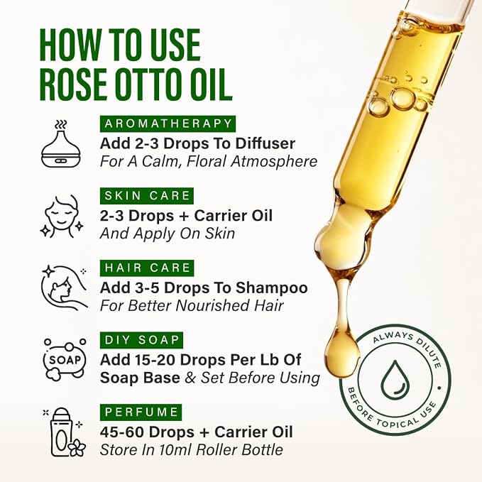 100% Pure Rose Otto Essential Oil 4 Fl Oz - Rose Oil for Hair, Skin & Face | Long-Lasting Aroma for Diffuser and Aromatherapy, Massage, Body Care, Non-GMO, Undiluted Floral Fragrance, with Dropper