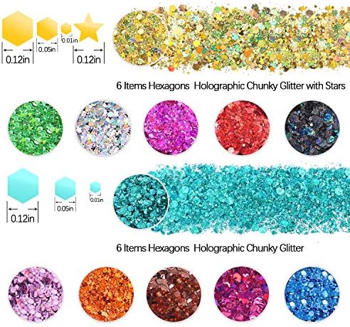 Holographic Chunky Glitter Sequins, 12 Colors Mixed Cosmetic Glitter for Face Body Eye Hair Nail Art Lip Gloss Makeup, Festival Glitter with Different Hexagons Size and Stars (Laser Mix)