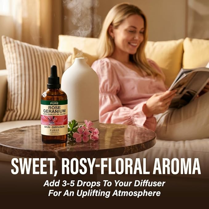 100% Pure Rose Geranium Essential Oil 4 Fl Oz - Geranium Oil for Skin | Undiluted for Hair, Scalp, Diffuser, Aromatherapy, Body Massage and Blending - Sweet Floral Aroma, with Dropper