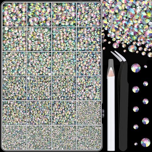 25000Pcs Resin Rhinestones with Tweezers for Crafting, AB 2-6mm Mixed Sizes Non Hotfix Flatback Gems, Bedazzling Crystal for DIY Craft Clothing Mugs Tumblers Shoes Fabric Decor Nail Art
