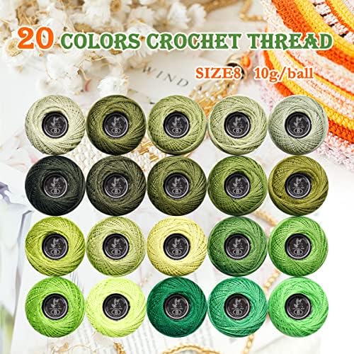 Soft 20 Colors Classic Crochet Thread 20 Pack,100% Cotton (Avocado Green-701-524)