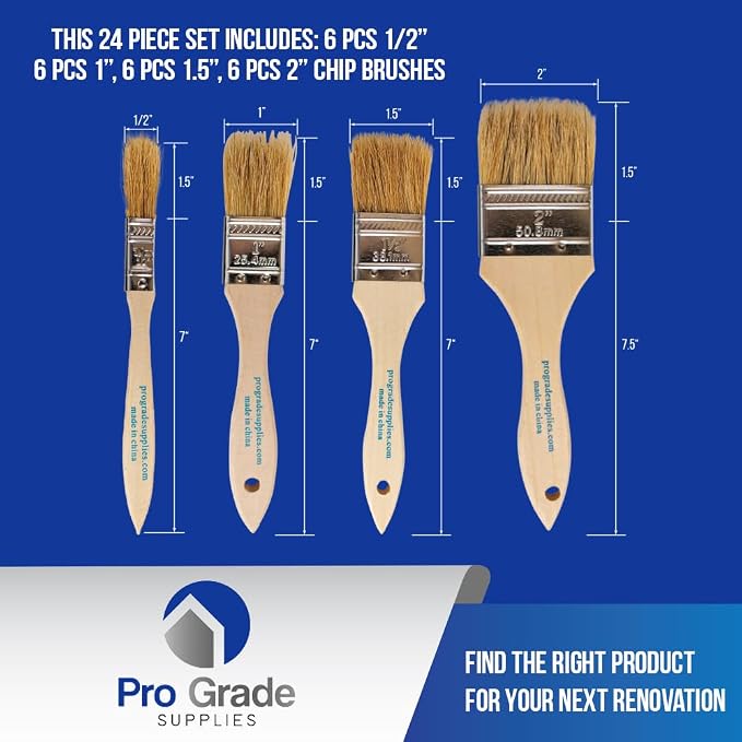 Pro Grade Chip Brushes, Disposable Paint Brushes, Assorted Sizes, 24 Piece | Natural bristle, wood handle | 4 widths, 6 of each | For stain, varnish & glue | Cabinets, furniture, crafts