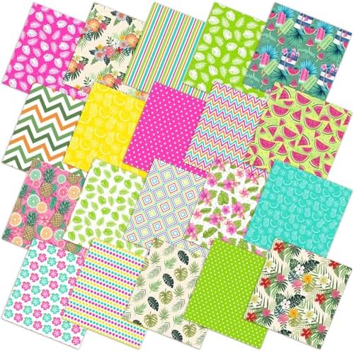 HunnmingRe 20 Pcs 10''x10'' Summer Tropical Quilting Fabric Square Pineapple Watermelon Precut Fabric Bundle Colorful Polka Dot Check Printed Patchwork for Holiday DIY Craft Sewing Material Supplies