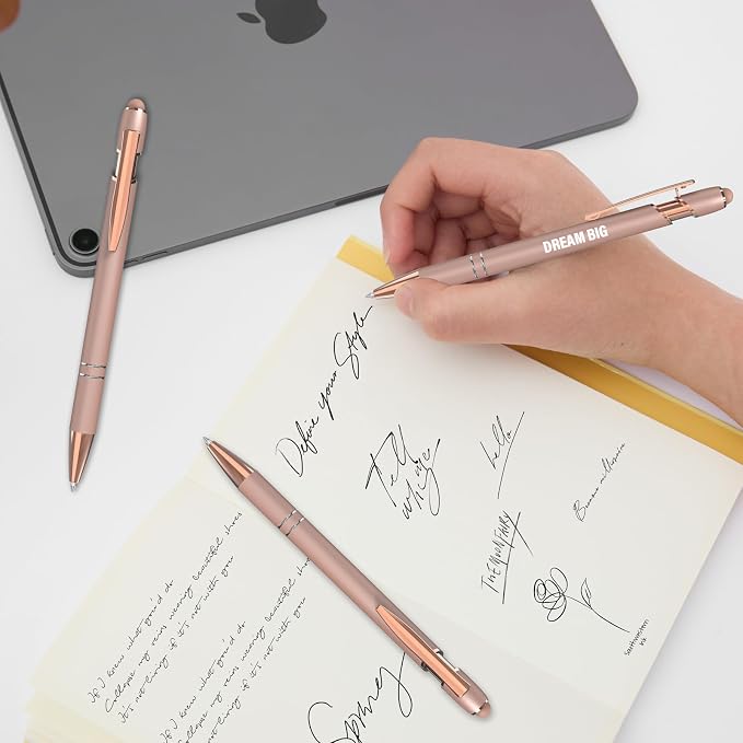Actsun Funny Pens, 12 Pcs Rose Gold Fine Point Smooth Writing Pens, Inspirational Stylus Ballpoint Pens with Screens Touch Stylus Tips, Black Ink 1.0 Mm Gift Office Desk Accessories