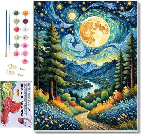 ldazao Moon Framed Paint by Numbers Kit for Adults Beginner Forest Adult Paint by Number Artist Kits with Frame for Gift Home Wall Decor 9.5x12 Inch