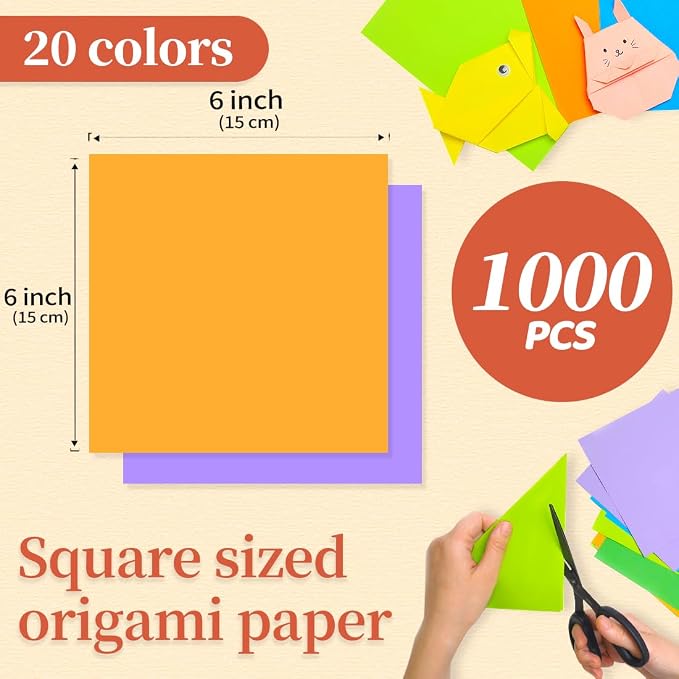 IOOLEEM Origami Paper, 1000 Sheets, 20 Colors, 6 Inch Square, Double Sided Colored Paper for Crafts DIY Party & Decoration
