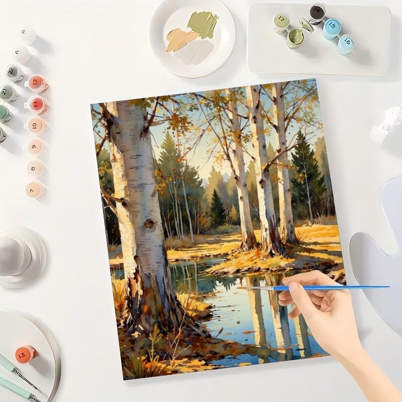 TAOPAOLAB Nature Scene Paint by Numbers Kit for Adults - DIY Autumn Birch Trees by Pond Painting on Canvas 16x20 Inches, Acrylic Paint Set, Suitable for Beginners, Art for Home Decoration or Gifts
