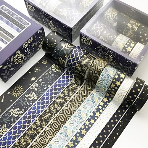 Creative Washi Tape Set 10 Rolls Gold Foil Print Decorative Masking Tapes for Arts, DIY Crafts, Journals, Planners, Scrapbook, Wrapping (Black Mashup)
