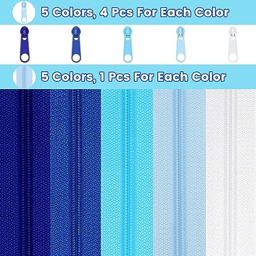 DOITEM 15.3 Yards/ 14 m 5 Pieces Assorted Colors #3 Nylon Coil Zippers, Sewing Zippers Endless Zips with 20 Pieces Zipper Sliders Zip Heads for DIY Sewing Tailor Craft Supplies (Blue White)
