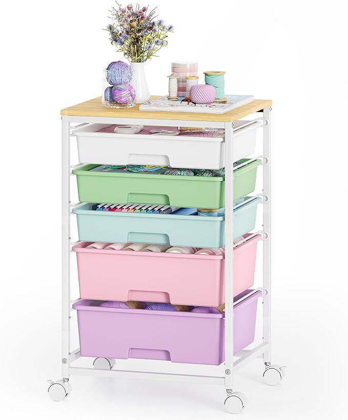 SYKIARIOL 5-Tier Rolling Cart with Drawers with Wooden Top, Ice Cream | Mobile Craft Storage Drawer Cart Trolley for Home Office, Classroom, Craft Room & Kid Room