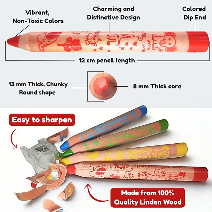 Sparkbright Club Jumbo Colored Pencils for Toddlers Ages 2-4 - 3-in-1 Wooden Pencil, Crayon & Watercolor | 12 Non-Toxic Colors, Break-Resistant 8mm Core, Easy-Grip for Kids & Preschool, Pre-Sharpened