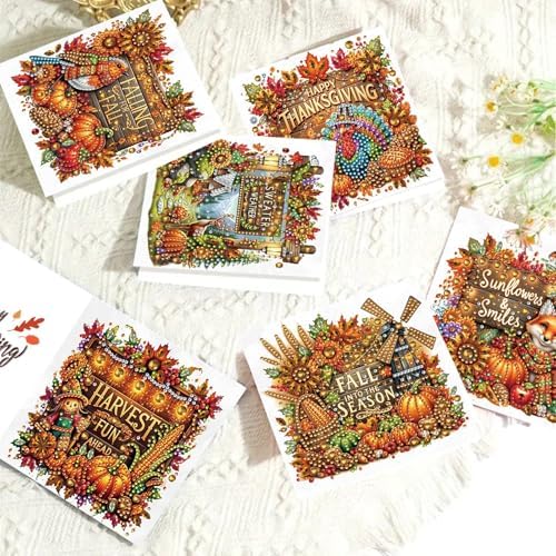 6Pcs Christmas Greeting Card DIY Diamond Art Painting Greeting Cards Blessing Folding Card Kit with White Envelopes Diamond Arts Crafts for Birthday Festival Gift-Pumpkin Text