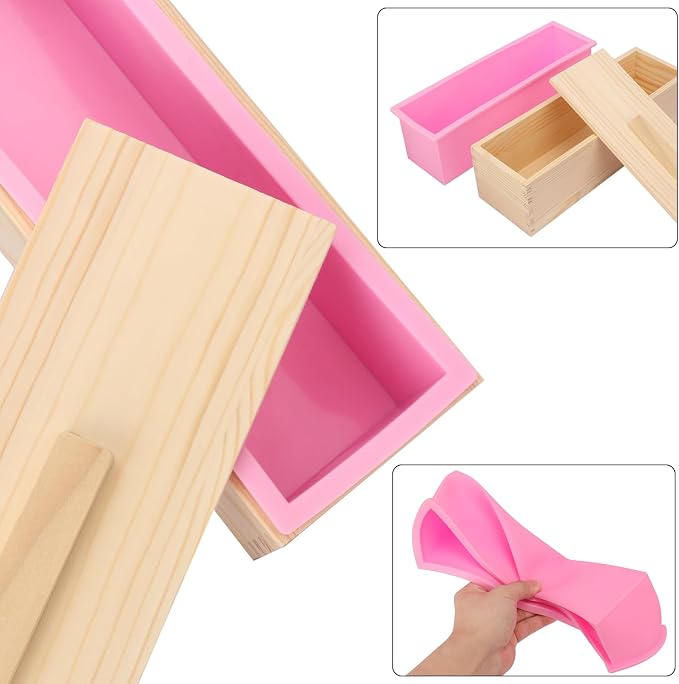 Artisan Soap Loaf Wood Box with 4 Pink Silicone Molds - 42oz, Flexible & Heat Resistant