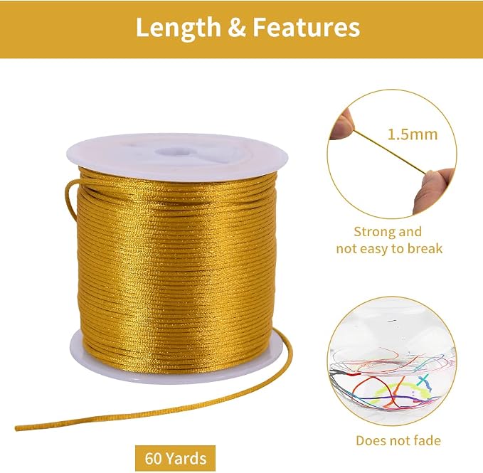 TONIFUL Nylon String Satin Cord for Necklace Bracelet Beading 1.5mm Gold | 50yd Non elastic durable non fading, for Jewelry Making Thread Rattail Macrame Trim Kumihimo Chinese Knot Craft Tags Hanging