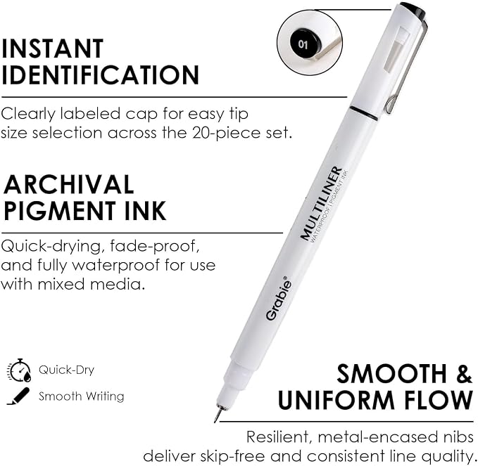 Grabie Micro Fineliner Pens, 10 Waterproof Black Drawing Pens | Waterproof Pigment Ink, Precision Drawing, Assorted Tip Sizes, Metal-Clad Nibs, Smooth Ink Flow