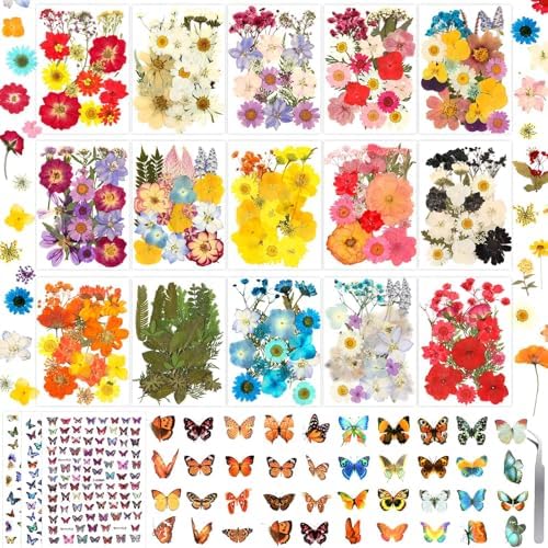 630 Pcs Real Dried Pressed Flowers & Butterfly Stickers for Resin Crafts