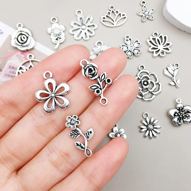 WOCRAFT 120pcs Antique Silver Fower Charm for Jewelry Making Alloy Spring Floral Flower Charms for DIY Crafts (SN032)