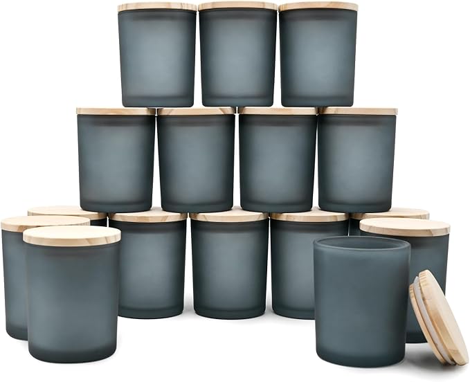 SHOWIN Thick Candle Jars for Making Candles 16 Pcs, 7 OZ Empty Jars with Wood Lids for Candle Making, Sample Container, Frosted Gray