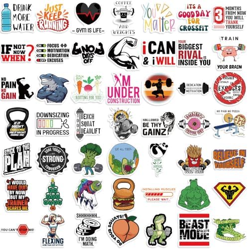 Inspirational Fitness Stickers Bulk for Adults, 50 Pcs Cool Weightlifting Stickers for Water Bottles, Positive Affirmation Workout Sticker Pack for Computer Laptop Phone Case Luggage
