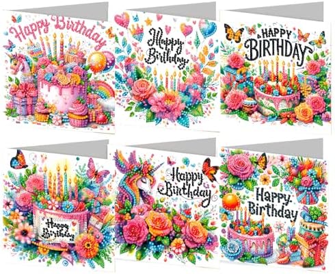 ACSAUMMY Diamond Art Happy Birthday Cards, 6 Pack 5D Diamond Greeting Cards Kits for Adults DIY Diamond Art Birthday Cards with Envelopes Birthday Gifts for Families, Friends, Partners
