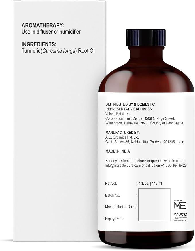 Majestic Pure Turmeric Essential Oil for Diffuser - 4 Fl Oz | 100% Pure & Natural Essentials Oils Ideal for Humidifier, Air Freshening, Cleaning Home, Bath, Steam Inhalation and Massage