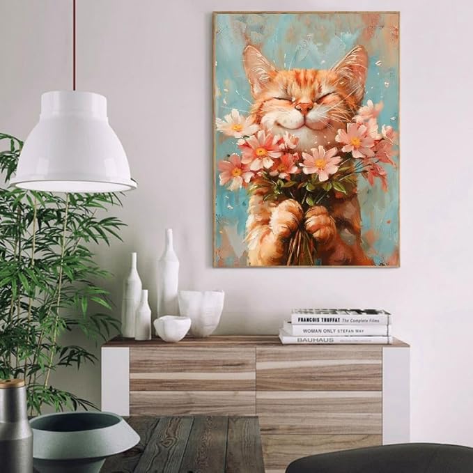 Cat Paint by Numbers Kit for Adults with Framed Canvas&Wooden Easel, DIY Acrylic Paint by Numbers Kits on Canvas, Cat with Flower Drawing Paintwork Arts and Crafts for Home Wall Decor 12x16inch