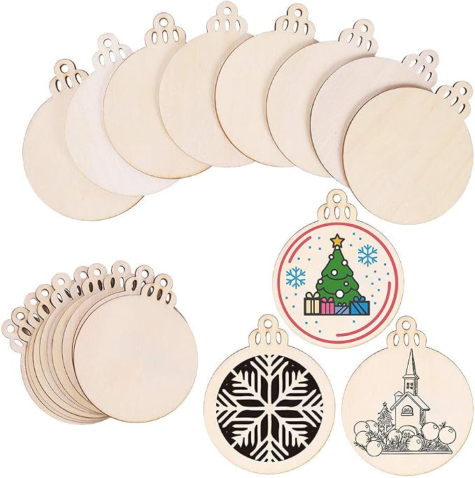 Max Fun 60PCS 3.5" DIY Wooden Christmas Ornaments Wood Slices for Crafts | Blank Unfinished Predrilled Wood Slices Circles, Round Centerpieces Discs, Holiday Hanging Decorations