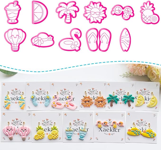 Summer Vibes Polymer Clay Cutters Set - 11pcs Vacation Shapes Including Palm Tree, Flamingo Float, Flip Flops, Surfboard & Smoothie for DIY Earring Jewelry, Soft Clay Crafts & Scrapbooking