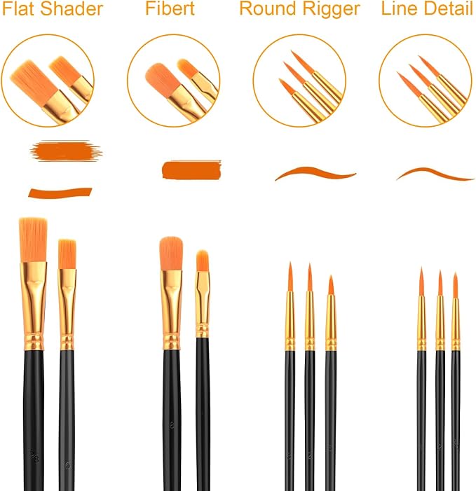 AROIC Acrylic Paint Brushes, 6 Packs / 60 pcs Nylon Hair Paint Brush Set | All Purpose Oil Watercolor Painting Artist Professional Kits (Black)