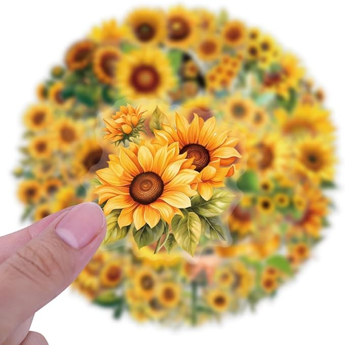 60Pcs Sunflower Stickers,Transparent Sunflower PET Sticker | Colorful Waterproof for Laptop,Guitar, Phone,Water Bottles,Stationery, Luggage Scrapbooking, Water Bottlesr Refrigerator